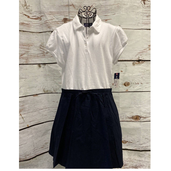 Izod Girls White & Navy Polo Dress School Approved Uniform NWT - Picture 1 of 3
